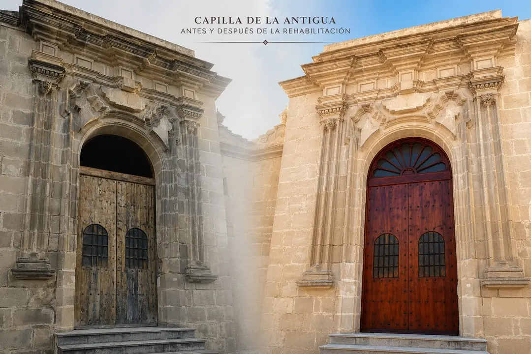  El antes y el despu&eacute;s de la portada de acceso a la capilla de la Antigua, adosada al arco del Arroyo. | Viva Jerez. 