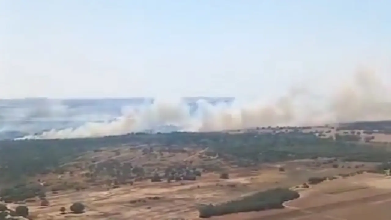 Vista a&eacute;rea del incendio declarado en la zona rural de Jerez. | PLAN INFOCA