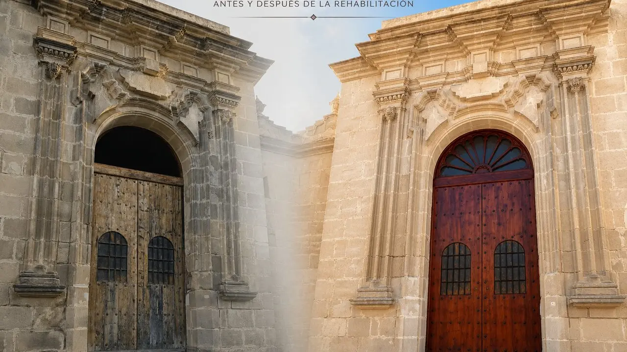  El antes y el despu&eacute;s de la portada de acceso a la capilla de la Antigua, adosada al arco del Arroyo. | Viva Jerez. 