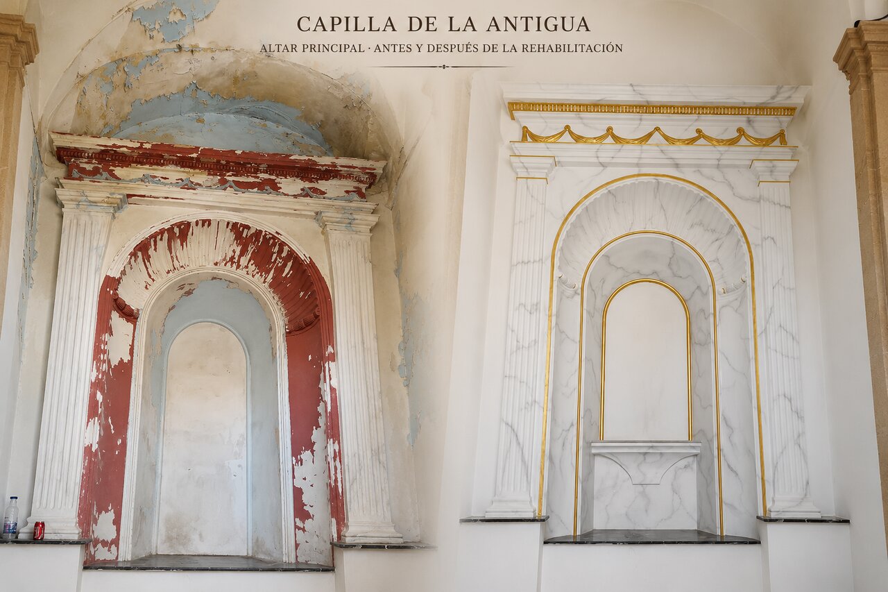 El antes y el después del altar de la capilla de la Antigua, que está siendo rehabilitada por la Hermandad de la Viga. | Viva Jerez.